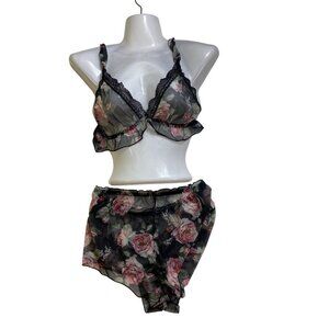 Floral Sheer Two-Piece Lingerie Set XL 90% Polyester 10% Spandex Adjustable Stra